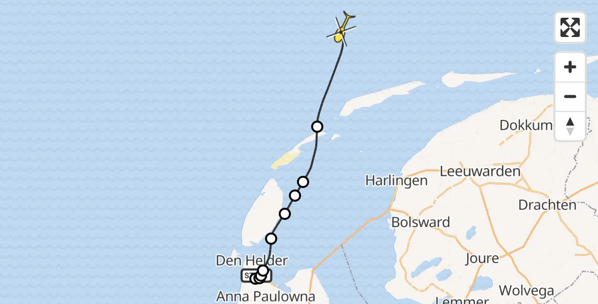 Vluchtroute Kustwachthelikopter van Vliegveld De Kooy naar 