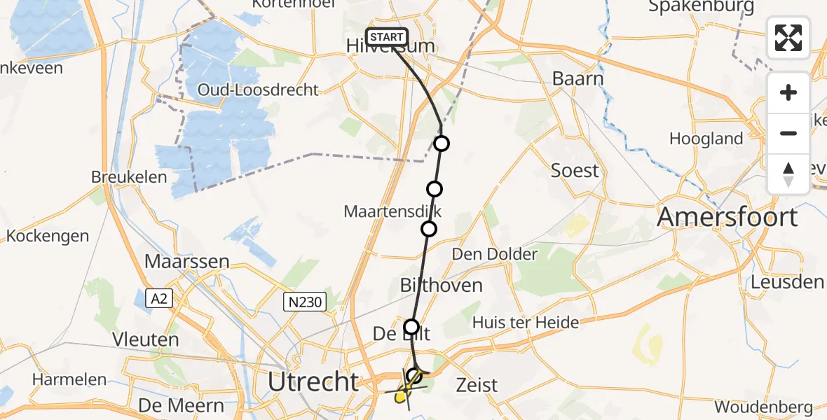 Routekaart van de vlucht: Lifeliner 1 naar Universitair Medisch Centrum Utrecht, Koningsstraat