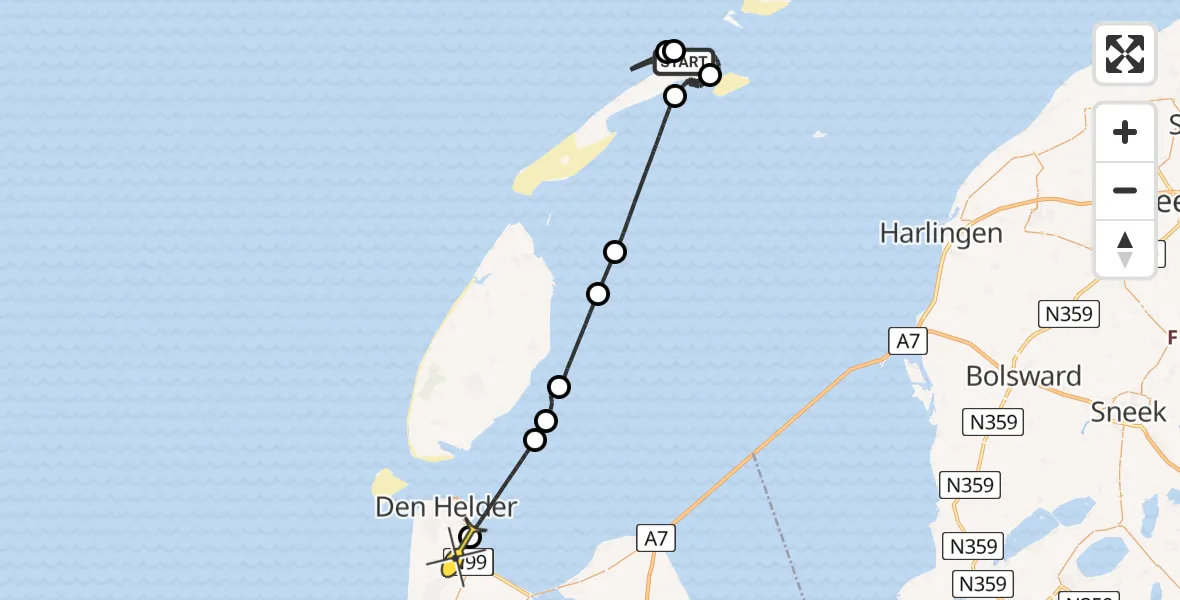 Routekaart van de vlucht: Kustwachthelikopter naar Vliegveld De Kooy, Stortemelk