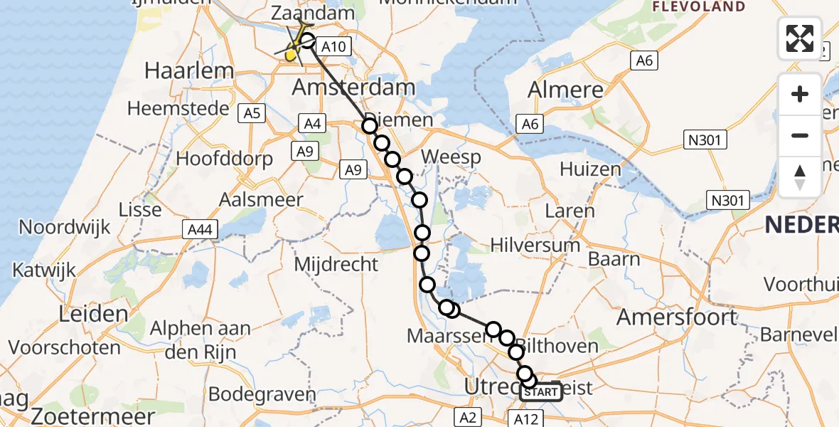 Routekaart van de vlucht: Lifeliner 1 naar Amsterdam Heliport, Capriweg