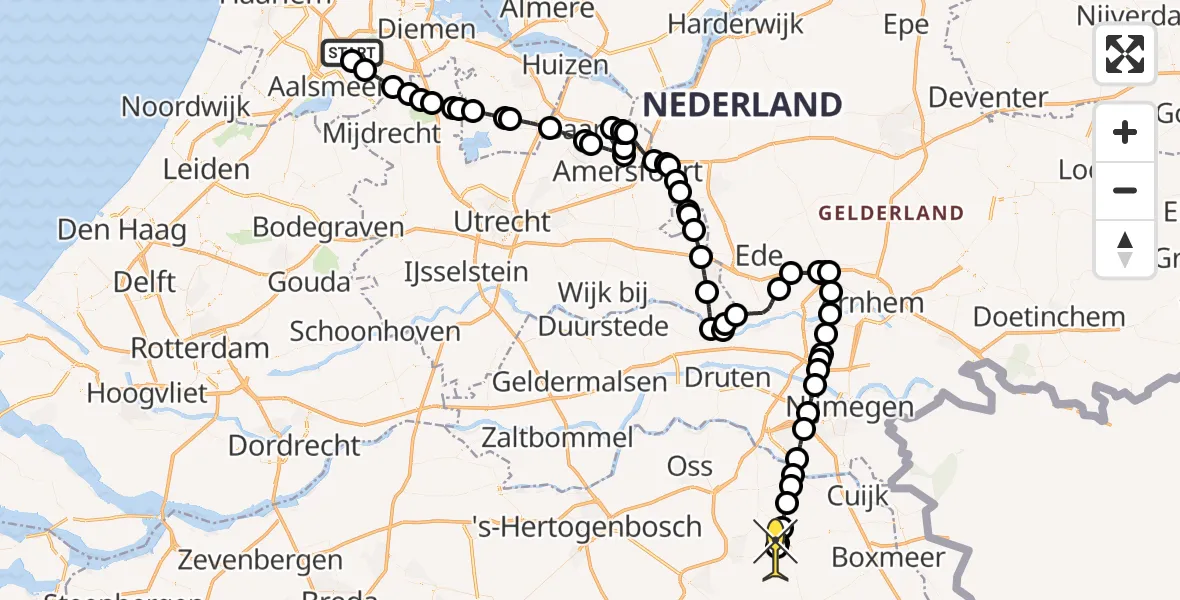 Routekaart van de vlucht: Politieheli naar Vliegbasis Volkel, Hatostraat