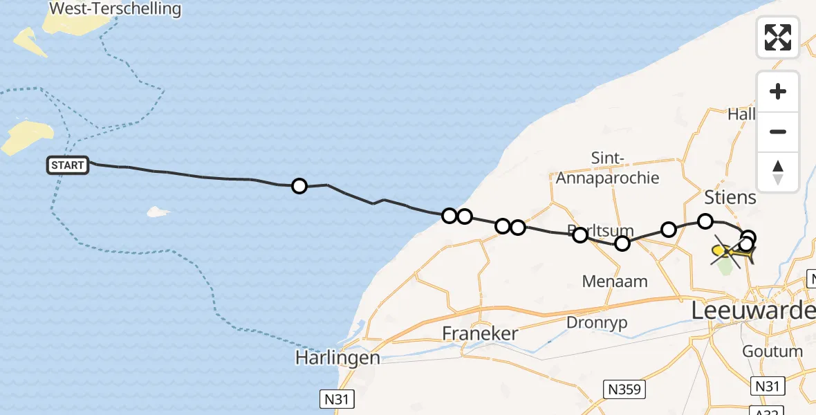 Routekaart van de vlucht: Ambulanceheli naar Vliegbasis Leeuwarden, Keegsdijkje