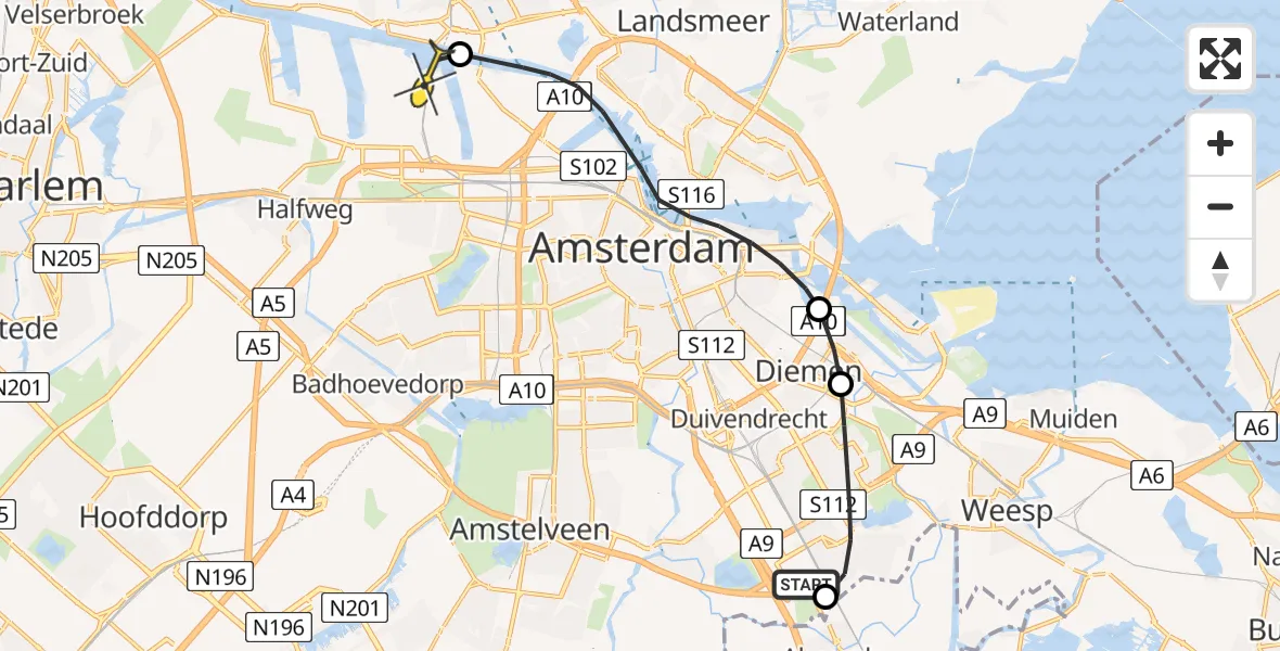 Routekaart van de vlucht: Lifeliner 1 naar Amsterdam Heliport, Ruwelspad