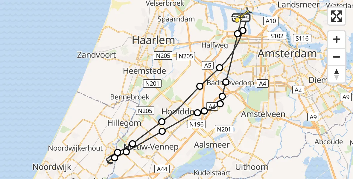 Routekaart van de vlucht: Lifeliner 1 naar Amsterdam Heliport, Nieuw-Zeelandweg