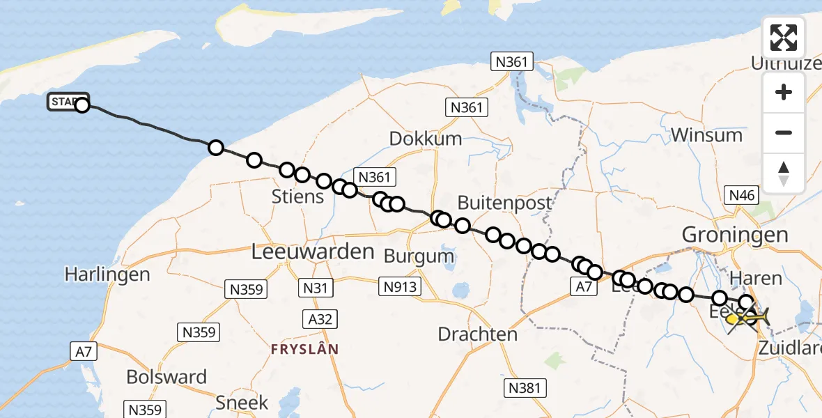 Routekaart van de vlucht: Ambulanceheli naar Groningen Airport Eelde, Machlaan