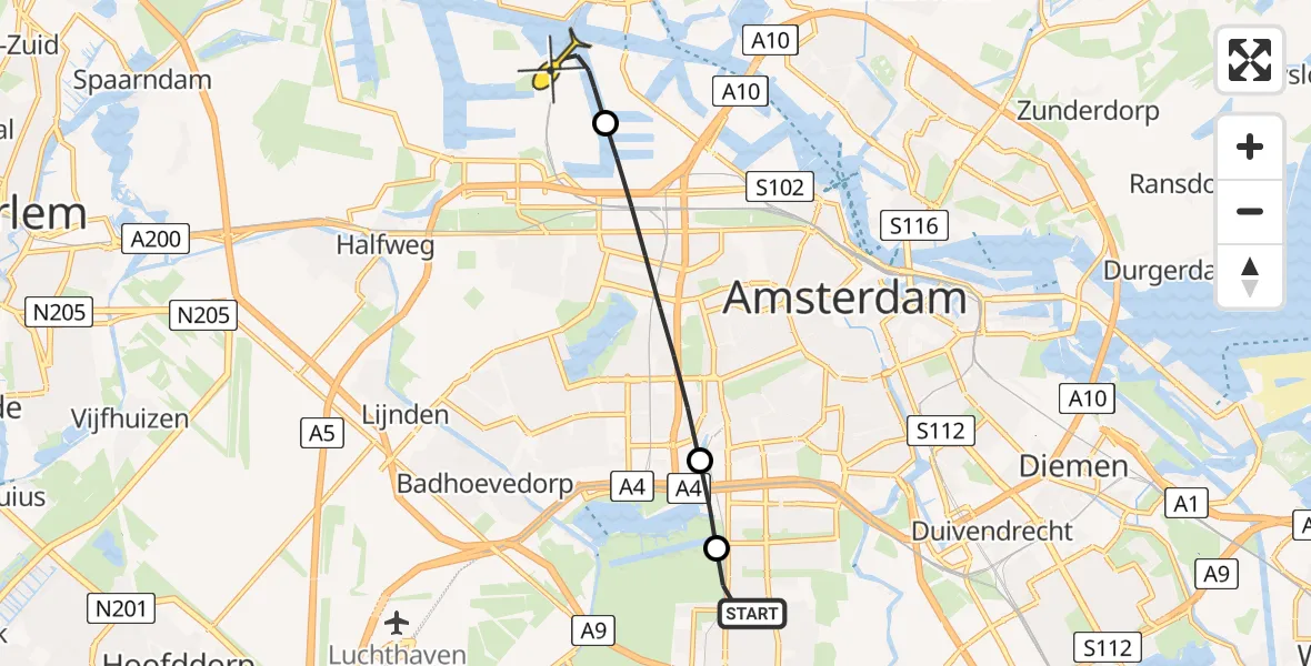 Routekaart van de vlucht: Lifeliner 1 naar Amsterdam Heliport, Bosbaanweg