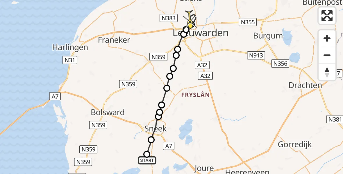 Routekaart van de vlucht: Ambulanceheli naar Vliegbasis Leeuwarden, Iewei