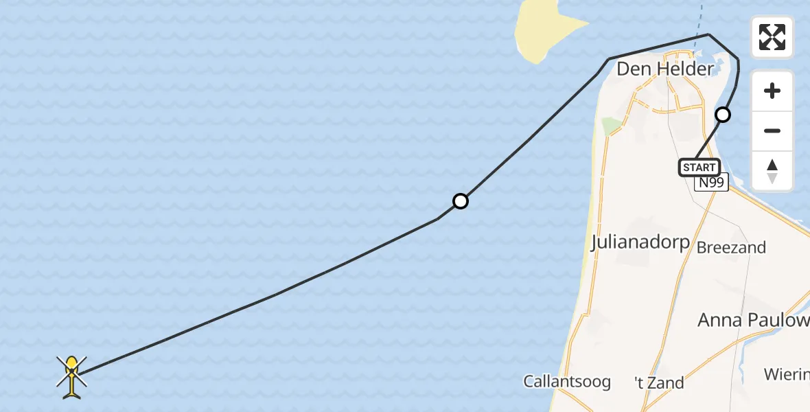 Routekaart van de vlucht: Kustwachthelikopter naar Luchthavenweg