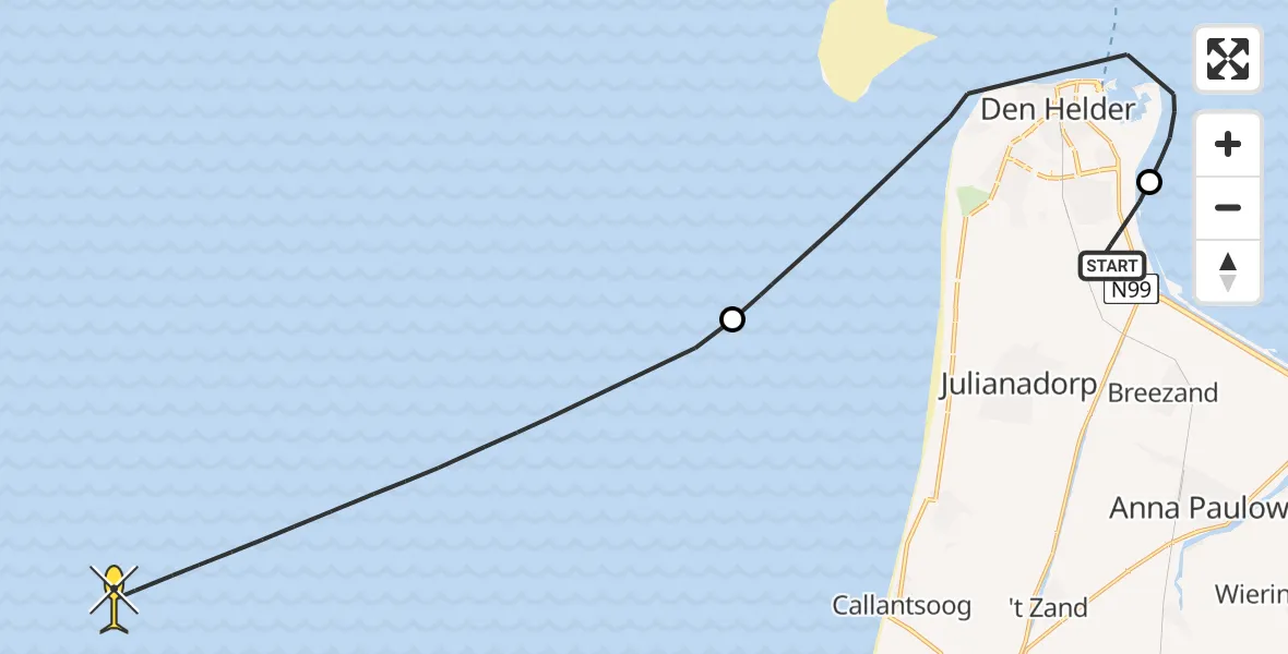 Vluchtroute Kustwachthelikopter van Vliegveld De Kooy naar 