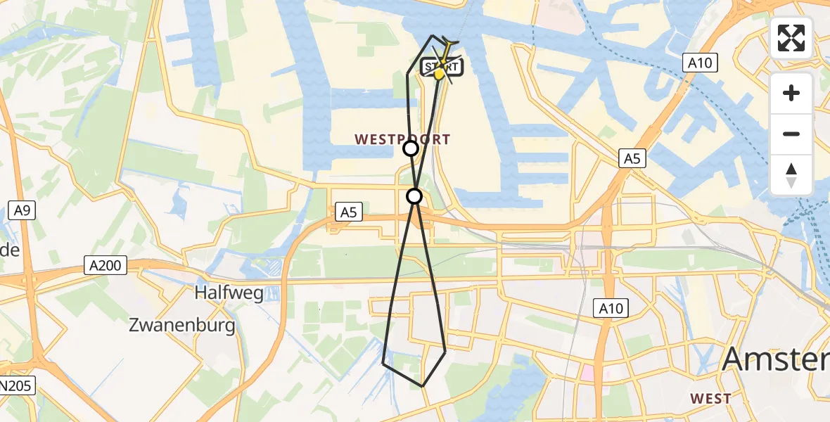 Routekaart van de vlucht: Lifeliner 1 naar Amsterdam Heliport, Nieuw-Zeelandweg