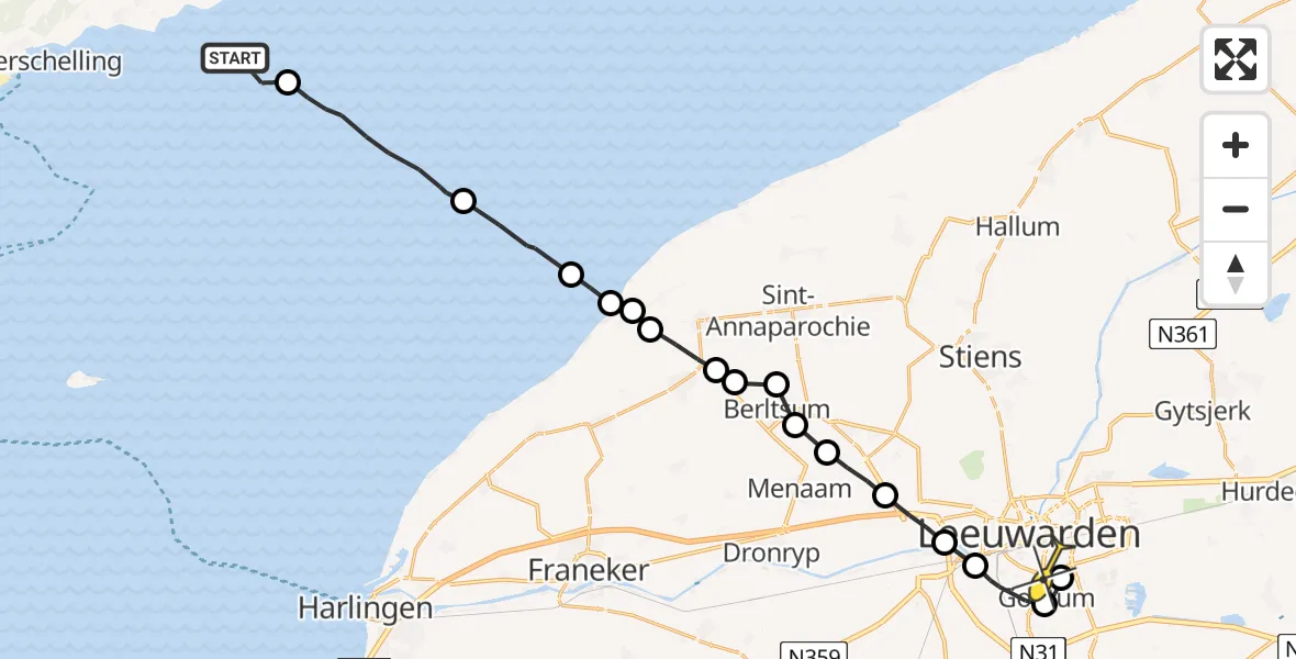 Routekaart van de vlucht: Ambulanceheli naar Leeuwarden, Noorder Balgen