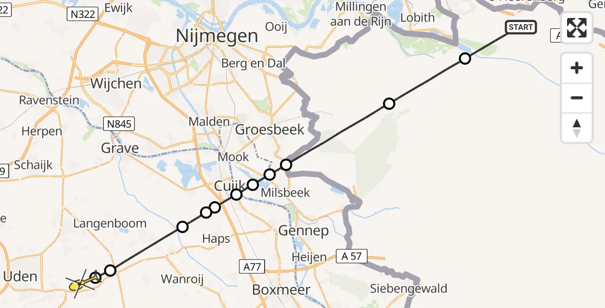 Routekaart van de vlucht: Politieheli naar Vliegbasis Volkel, Zeelandsedijk