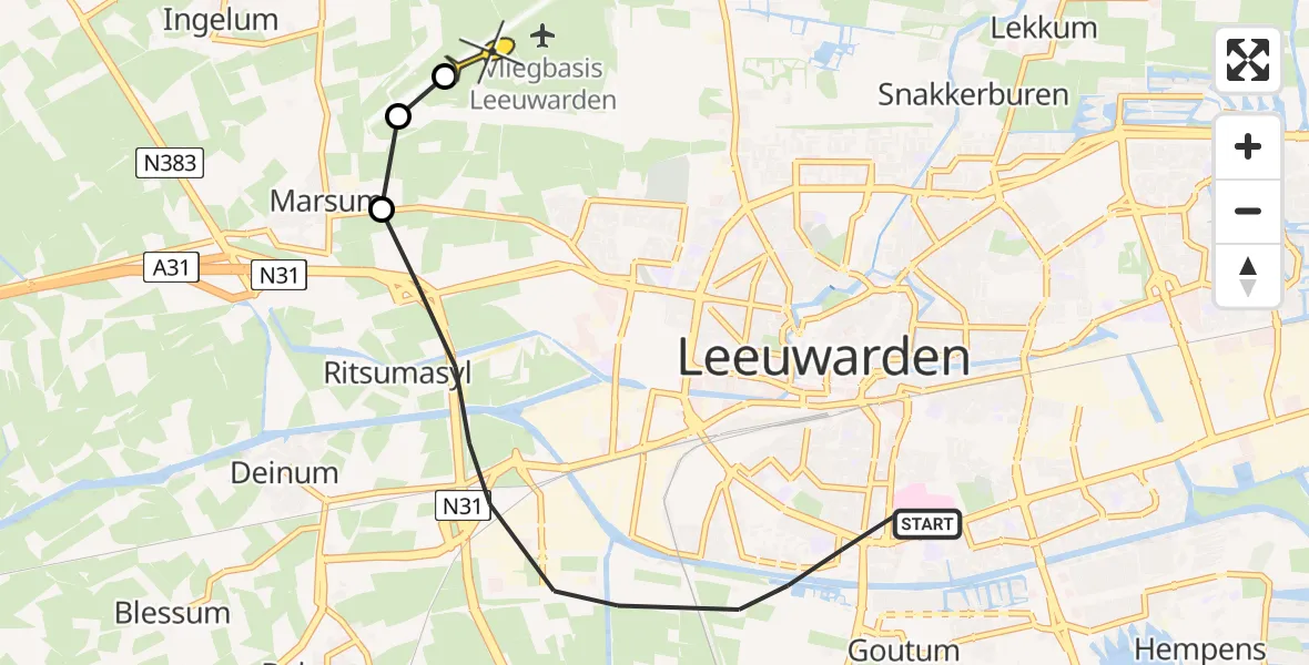 Vluchtroute Ambulancehelikopter van Leeuwarden naar Vliegbasis Leeuwarden