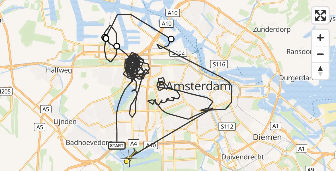 Vluchtroute Politiehelikopter van Amsterdam naar Amsterdam