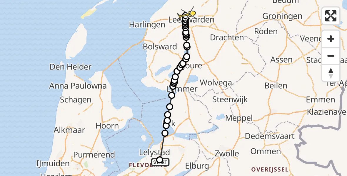 Routekaart van de vlucht: Ambulancehelikopter naar Vliegbasis Leeuwarden, Uilentocht