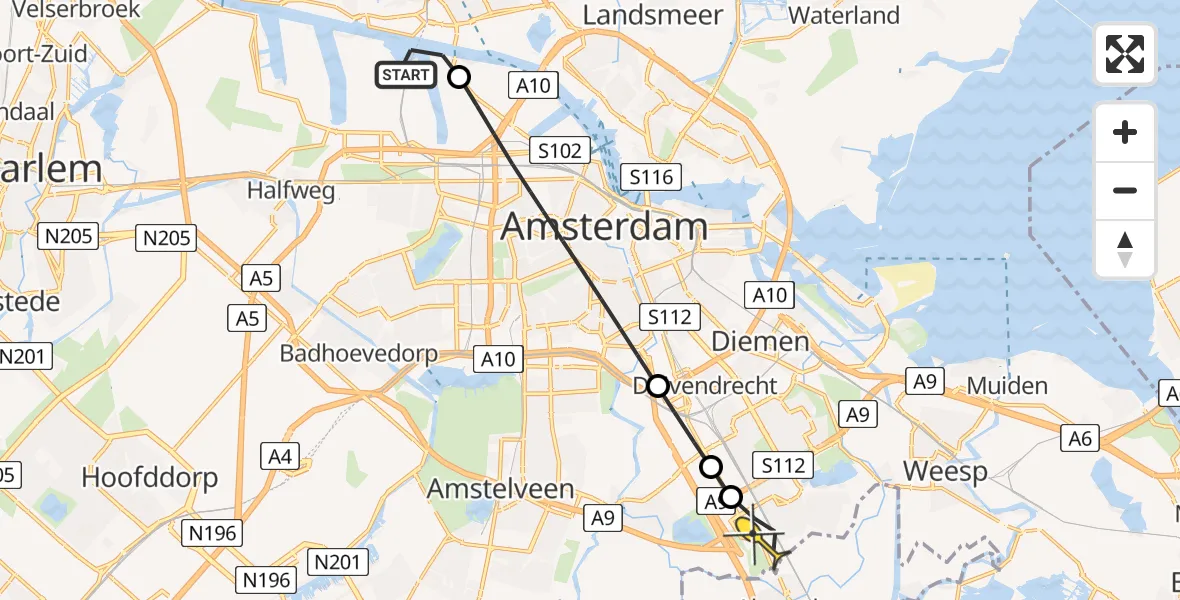 Routekaart van de vlucht: Lifeliner 1 naar Academisch Medisch Centrum (AMC), Hemweg