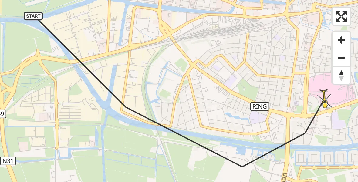 Vluchtroute Ambulancehelikopter van Leeuwarden naar Leeuwarden