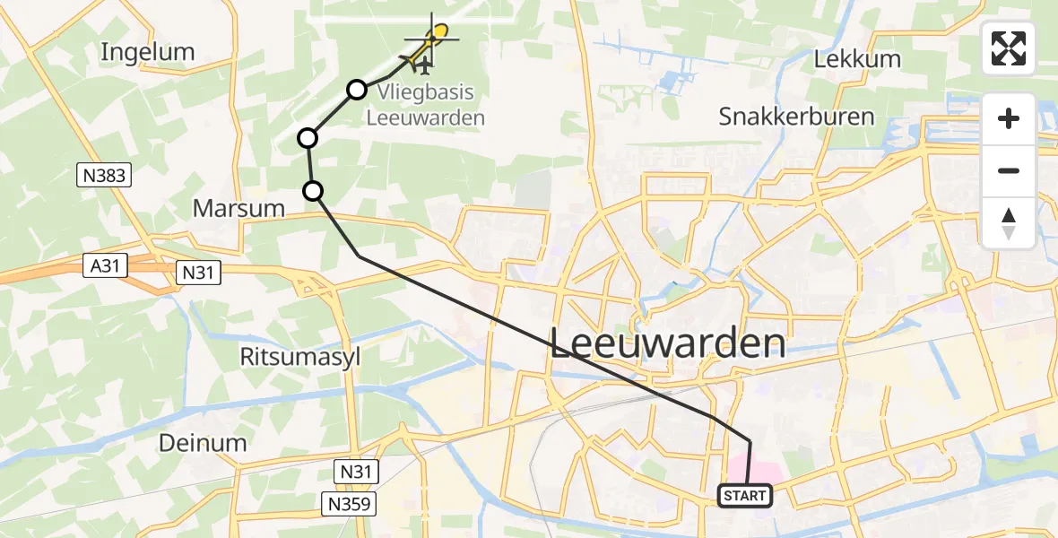 Vluchtroute Ambulancehelikopter van Leeuwarden naar Vliegbasis Leeuwarden