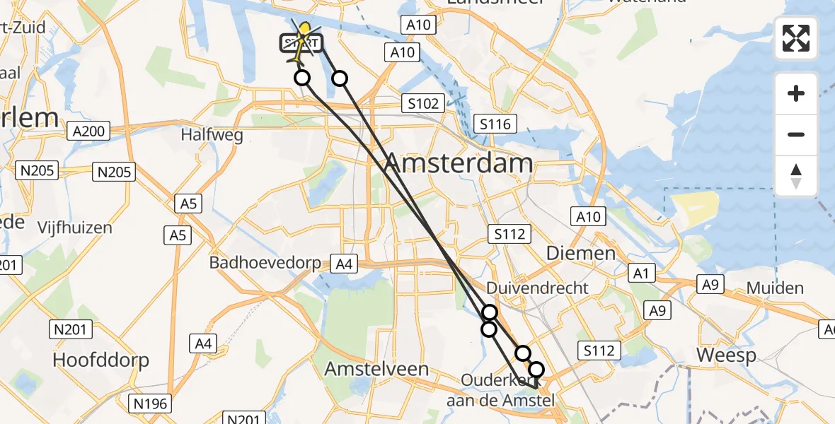 Routekaart van de vlucht: Lifeliner 1 naar Amsterdam Heliport, Kompasweg