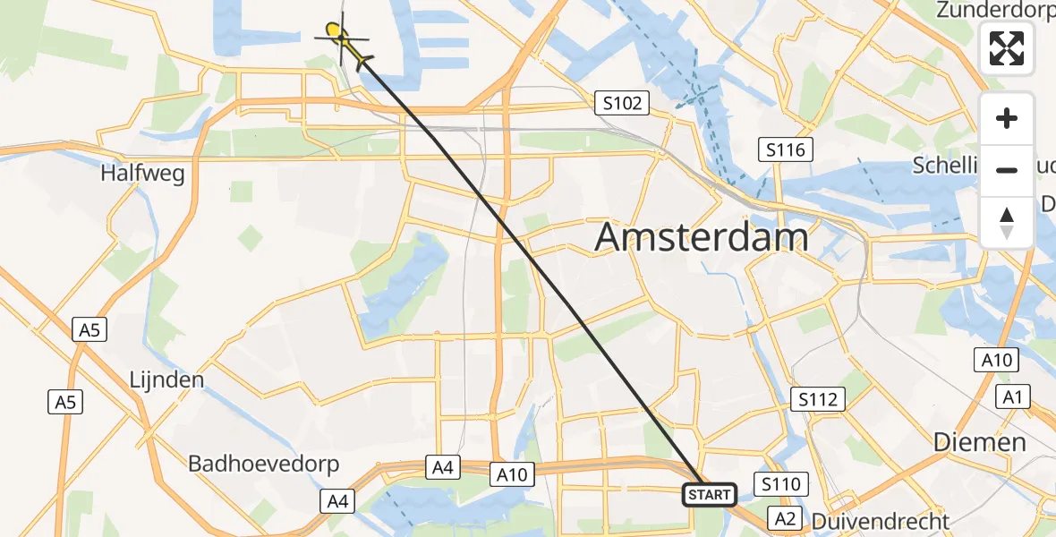 Routekaart van de vlucht: Lifeliner 1 naar Amsterdam Heliport, Jacob van Lennepstraat