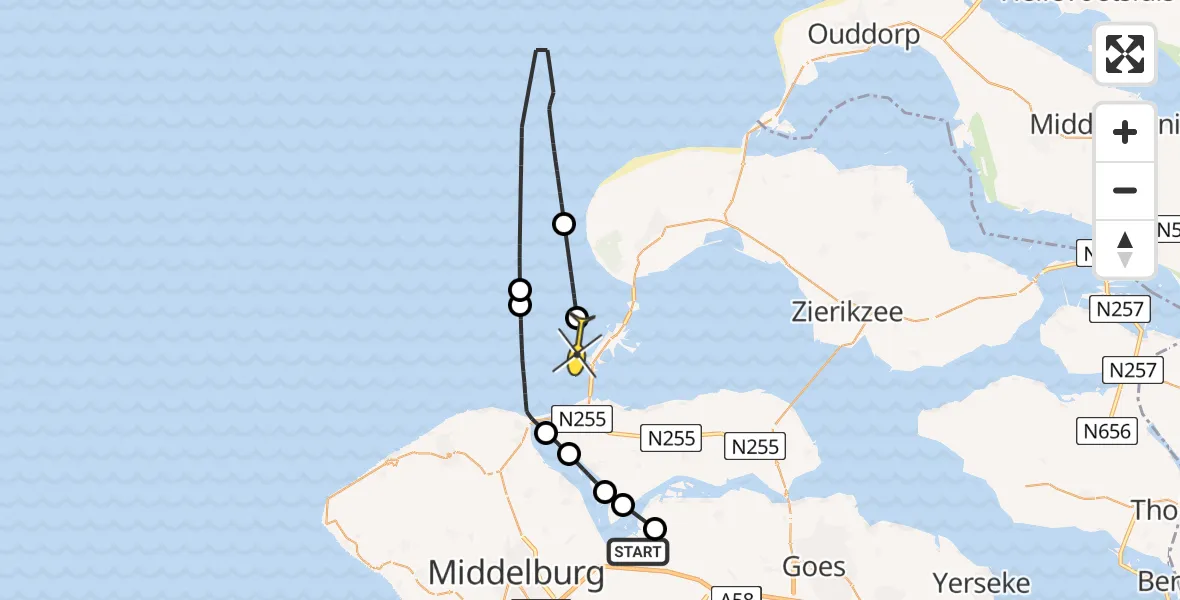 Routekaart van de vlucht: Kustwachthelikopter naar Vrouwenpolder, Pietweg