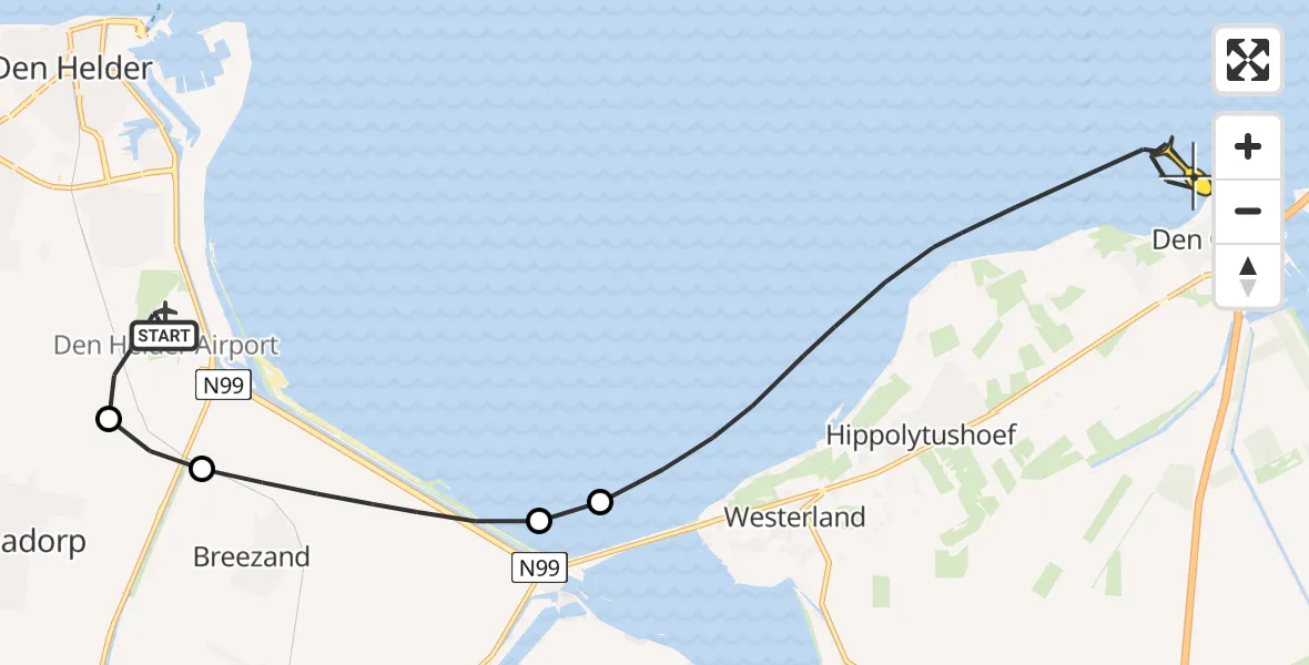 Routekaart van de vlucht: Kustwachthelikopter naar Den Oever, Kortevliet