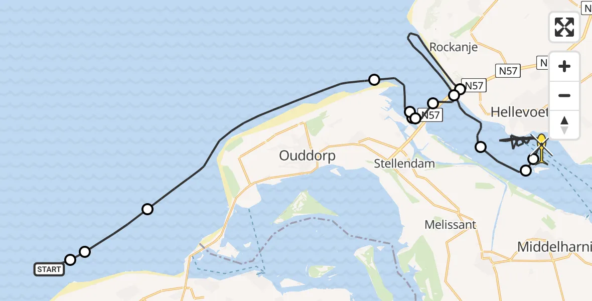 Routekaart van de vlucht: Kustwachthelikopter naar Hellevoetsluis