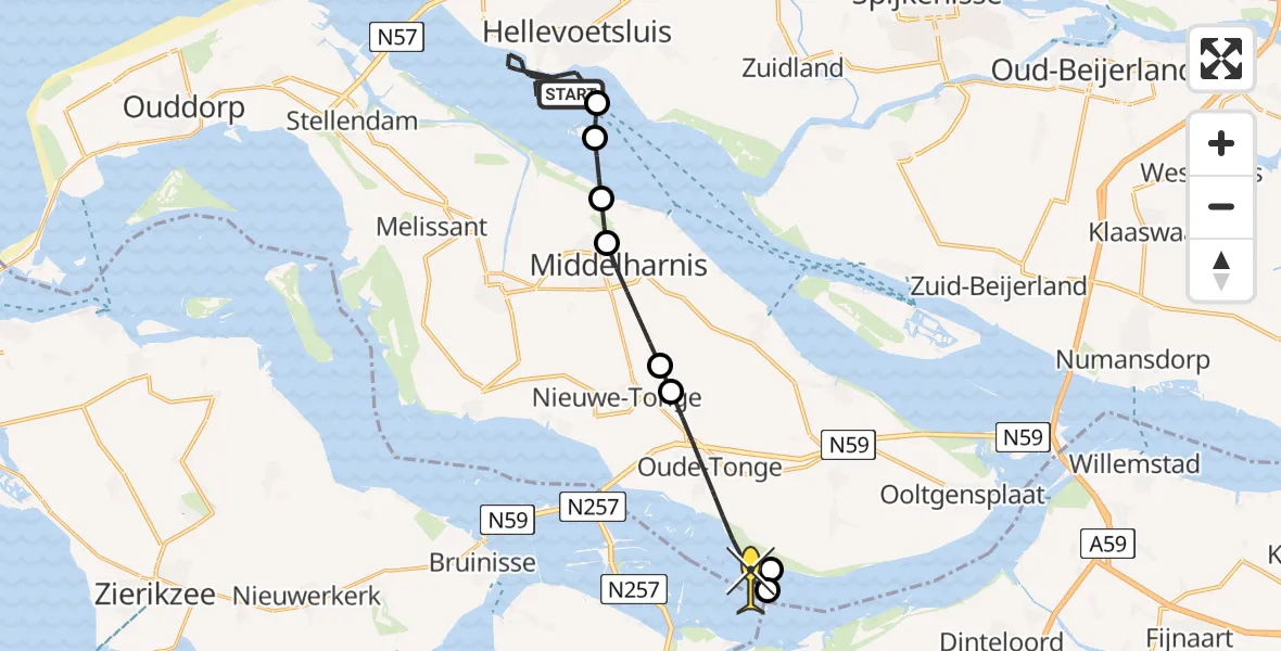 Routekaart van de vlucht: Kustwachthelikopter naar Oude-Tonge, Westkade