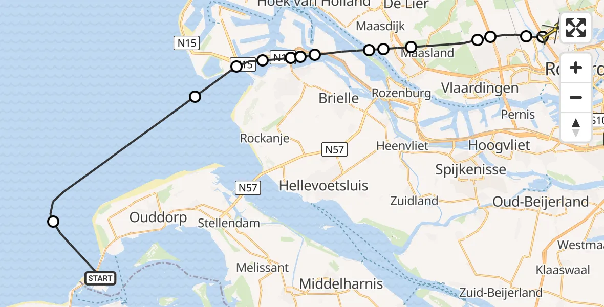 Routekaart van de vlucht: Kustwachthelikopter naar Rotterdam The Hague Airport, Brouwersdam buitenzijde