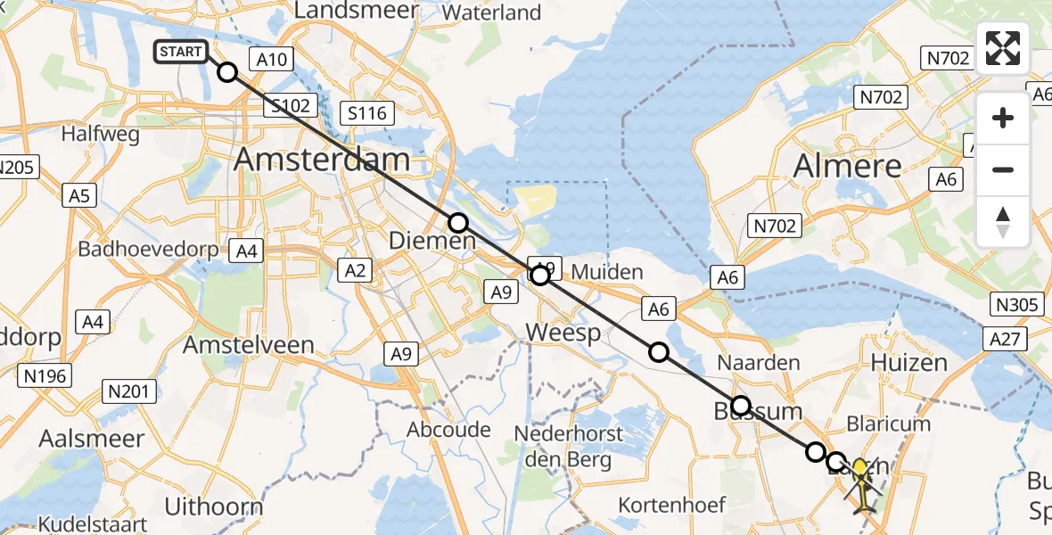 Routekaart van de vlucht: Lifeliner 1 naar Laren, Westhavenweg