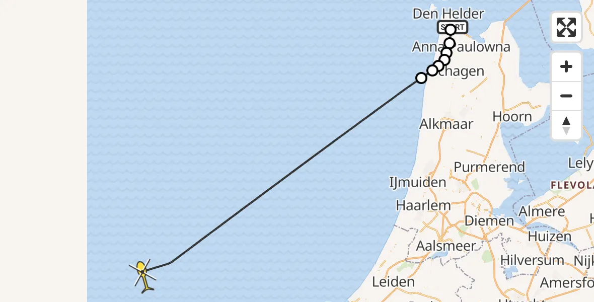 Routekaart van de vlucht: Kustwachthelikopter naar Middenvliet