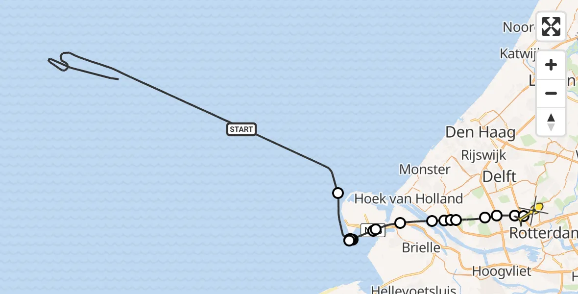 Routekaart van de vlucht: Kustwachthelikopter naar Rotterdam The Hague Airport