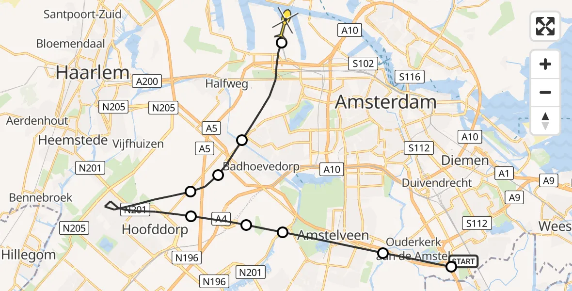 Routekaart van de vlucht: Lifeliner 1 naar Amsterdam Heliport, Hornweg