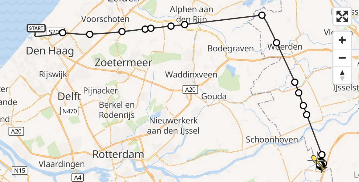 Routekaart van de vlucht: Politieheli naar Noordeloos, Westduinweg