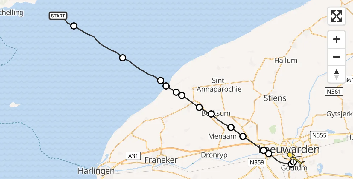 Routekaart van de vlucht: Ambulanceheli naar Leeuwarden, Noorder Balgen