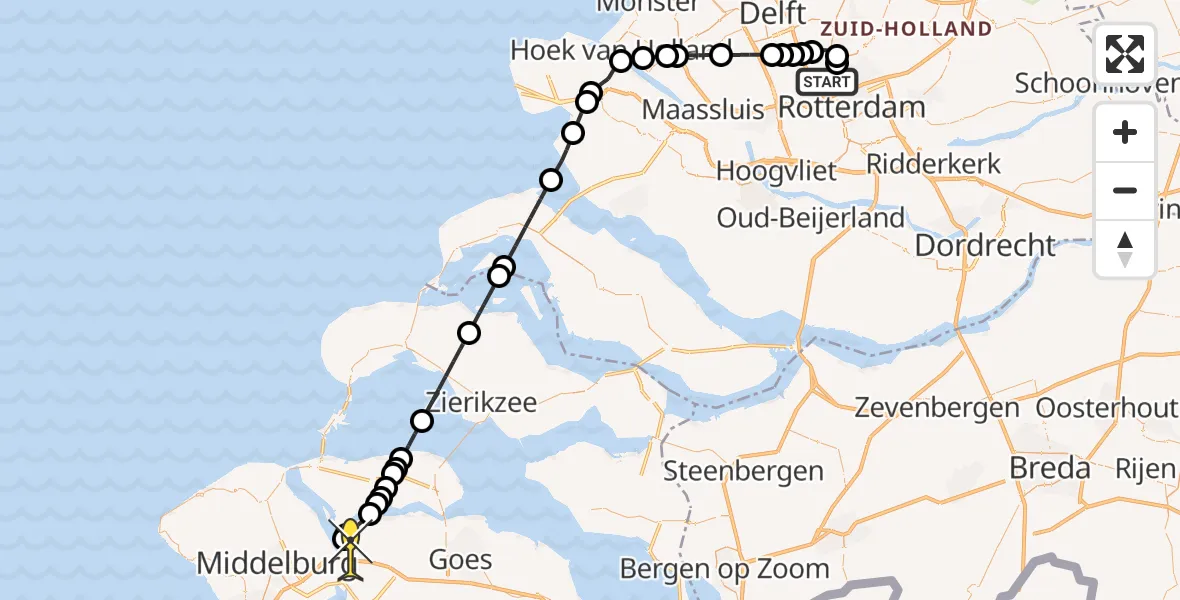 Routekaart van de vlucht: Kustwachthelikopter naar Vliegveld Midden-Zeeland, Landscheiding