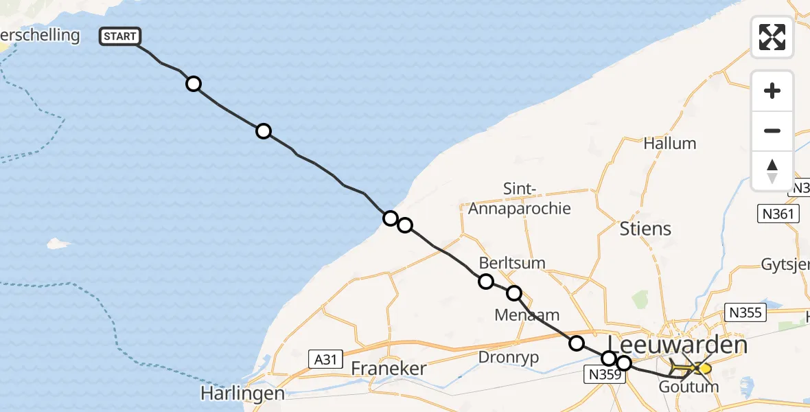 Routekaart van de vlucht: Ambulanceheli naar Leeuwarden, Borniastraat