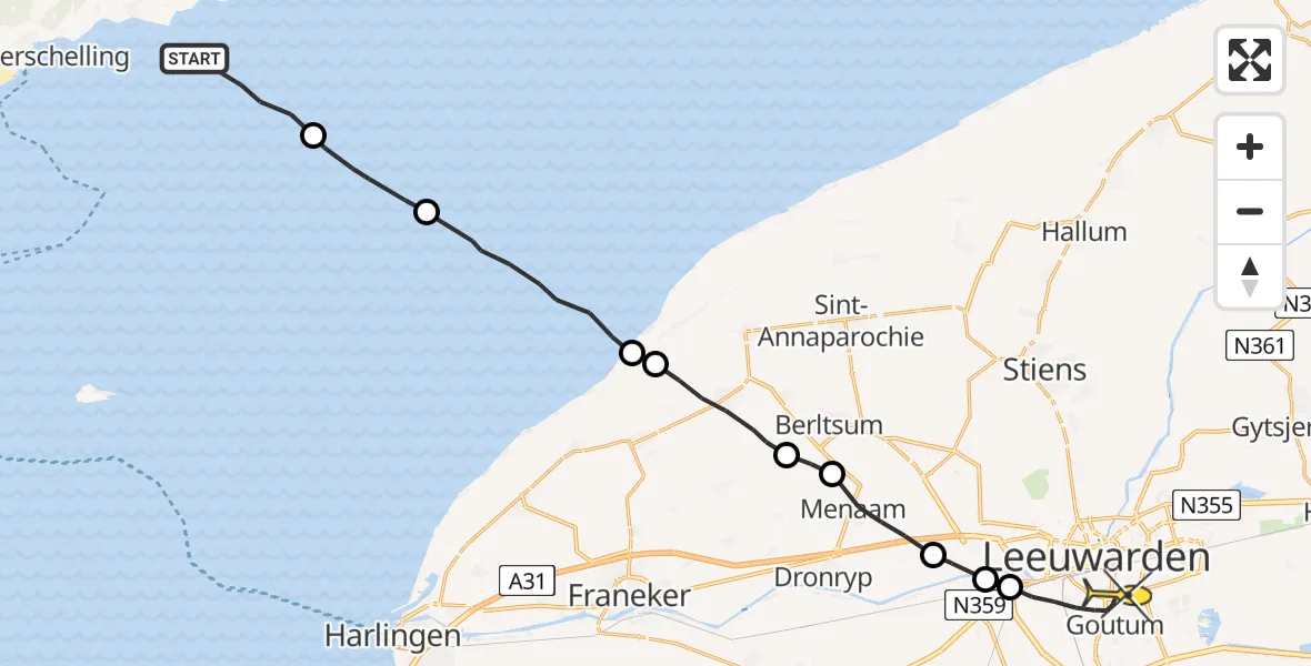 Routekaart van de vlucht: Ambulancehelikopter naar Leeuwarden, Borniastraat
