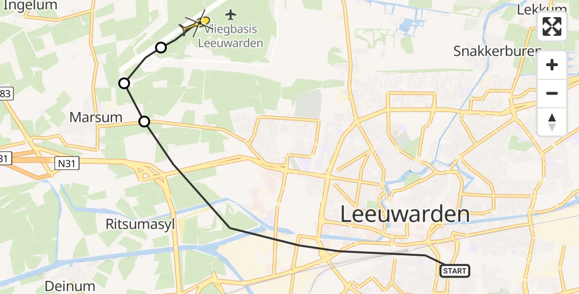 Vluchtroute Ambulancehelikopter van Leeuwarden naar Vliegbasis Leeuwarden