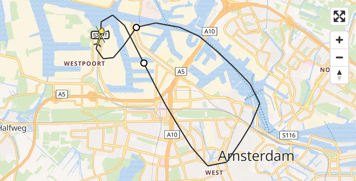 Routekaart van de vlucht: Lifeliner 1 naar Amsterdam Heliport, Grote Tocht