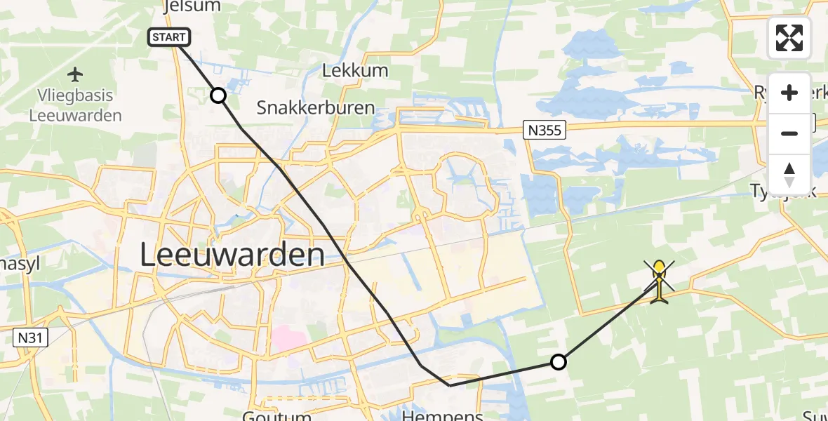 Routekaart van de vlucht: Ambulancehelikopter naar Tytsjerk, Prof. dr. P. Rompus Ramos Olivariumpad