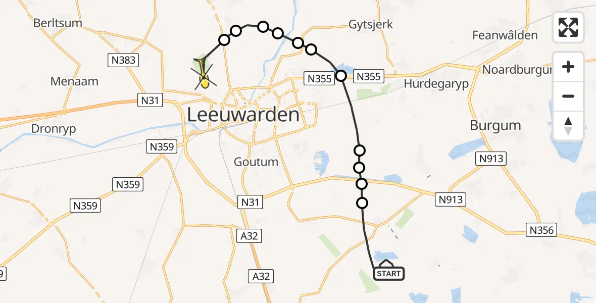 Routekaart van de vlucht: Ambulancehelikopter naar Vliegbasis Leeuwarden, Ald Fean