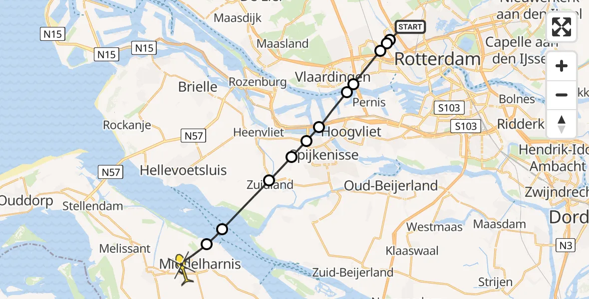 Routekaart van de vlucht: Lifeliner 2 naar Sommelsdijk, Rotterdam Airportbaan