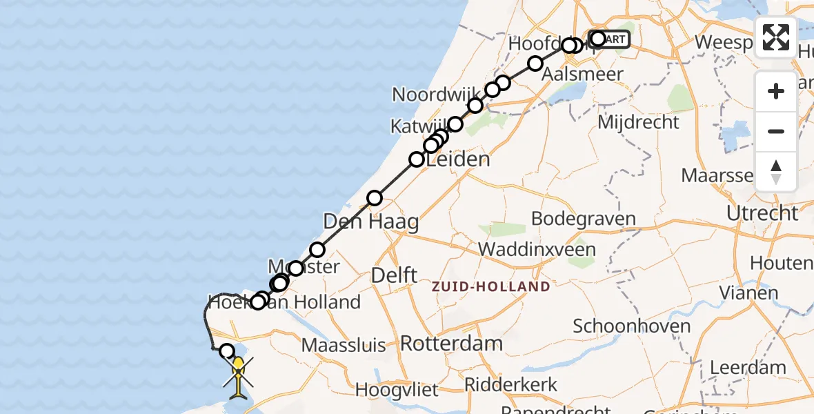 Routekaart van de vlucht: Politieheli naar Rockanje, Loevesteinse Randweg