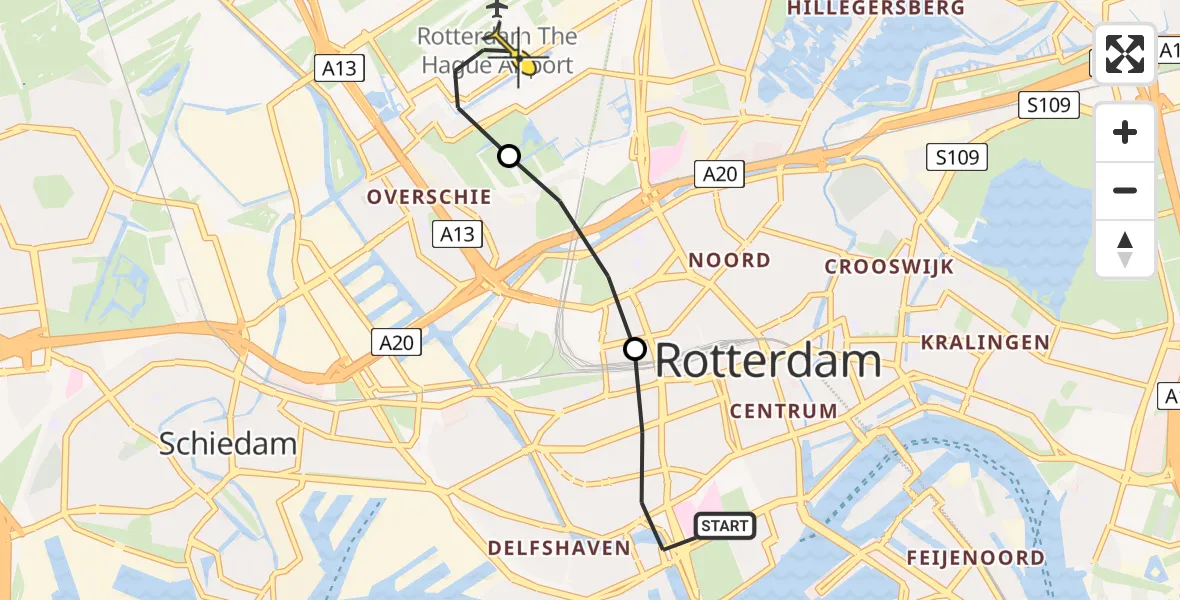 Routekaart van de vlucht: Lifeliner 2 naar Rotterdam The Hague Airport, Claes de Vrieselaan