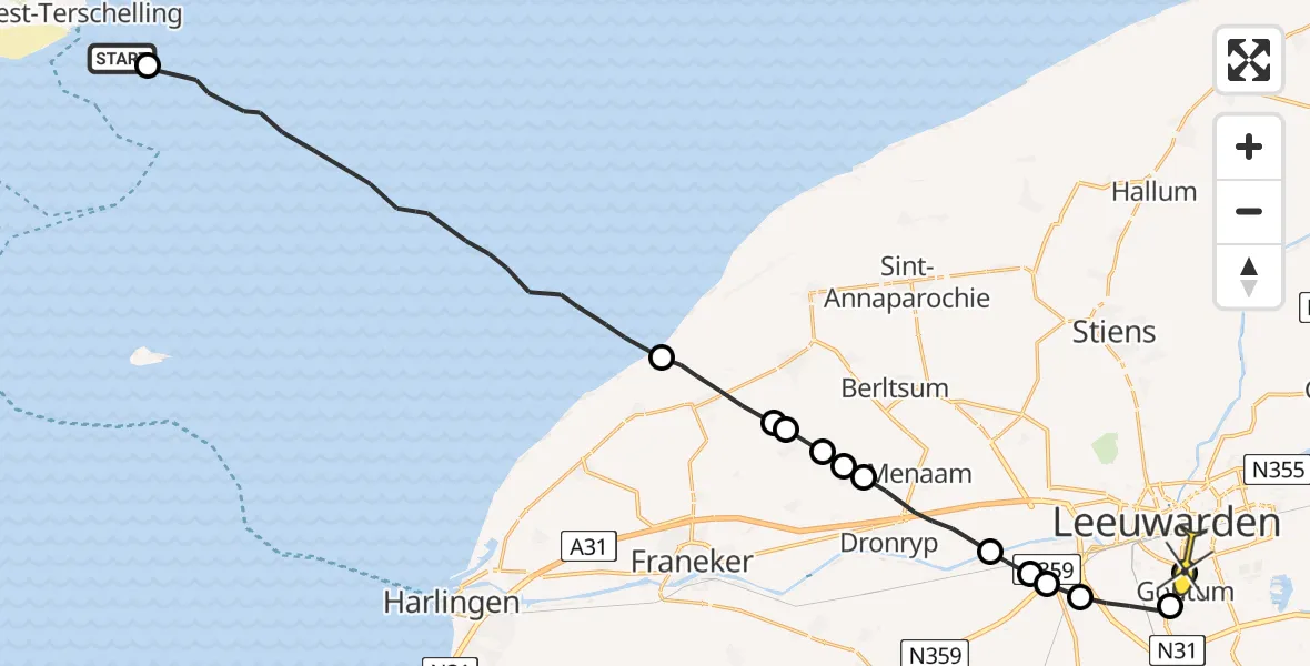 Routekaart van de vlucht: Ambulanceheli naar Leeuwarden, Groote Plaat