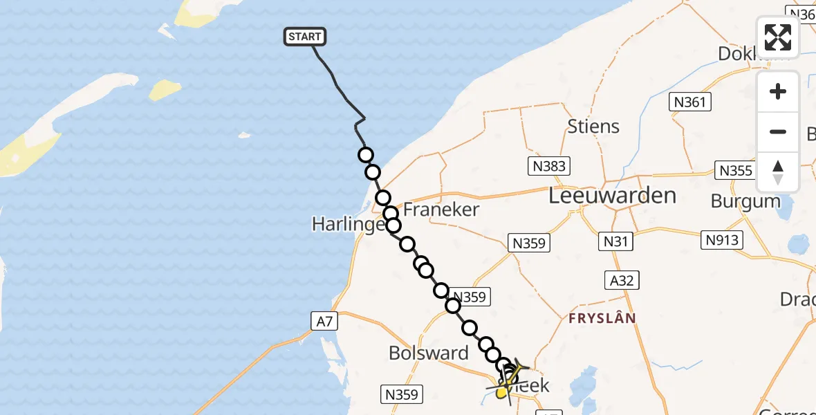 Routekaart van de vlucht: Ambulanceheli naar Sneek, Terschelling