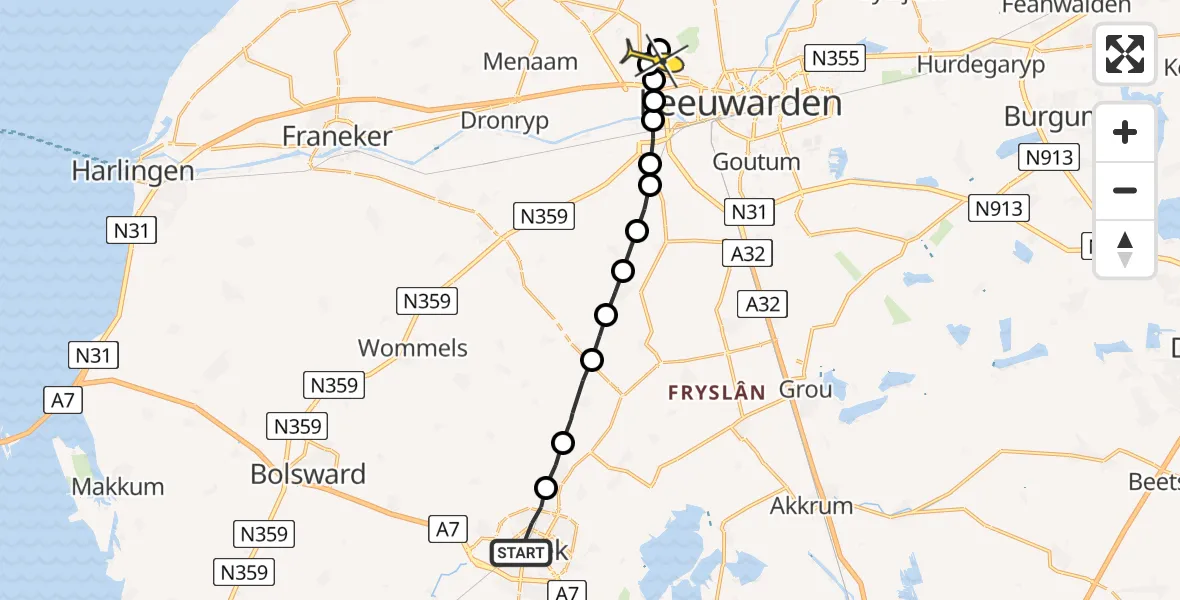 Routekaart van de vlucht: Ambulancehelikopter naar Leeuwarden, Breewijd
