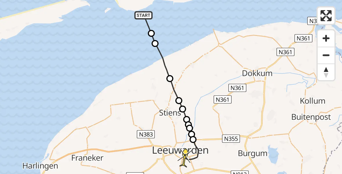 Routekaart van de vlucht: Ambulanceheli naar Leeuwarden, Aldlânsdyk