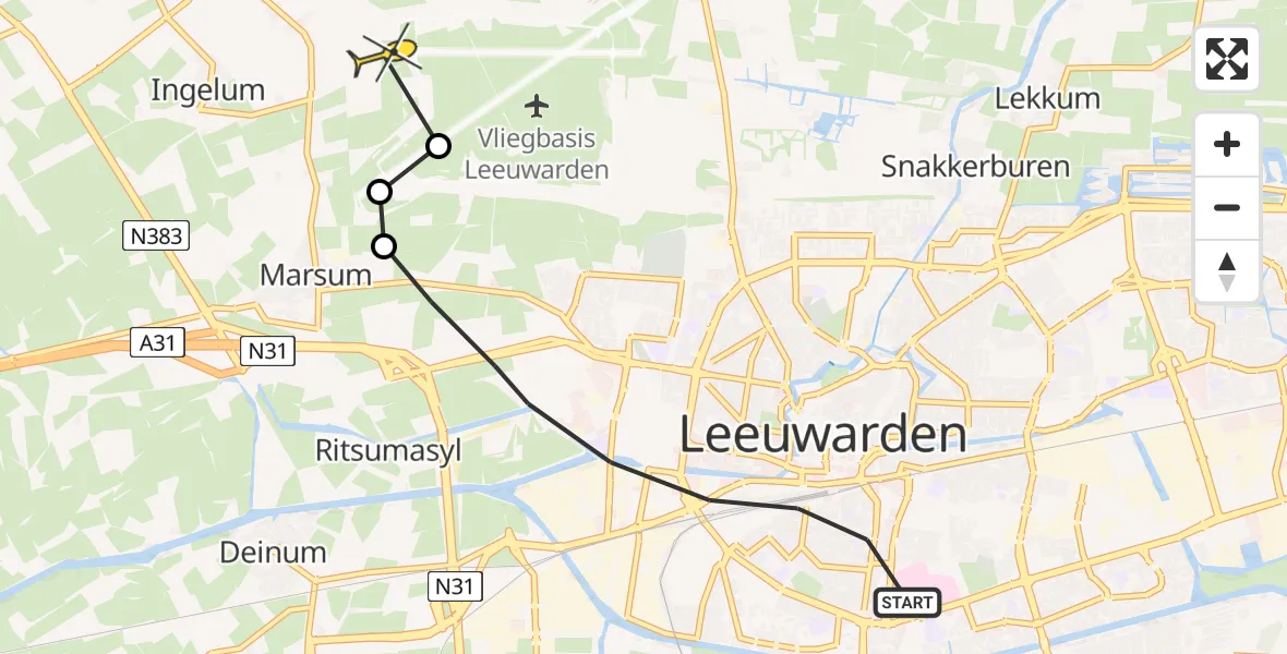Vluchtroute Ambulancehelikopter van Leeuwarden naar Vliegbasis Leeuwarden